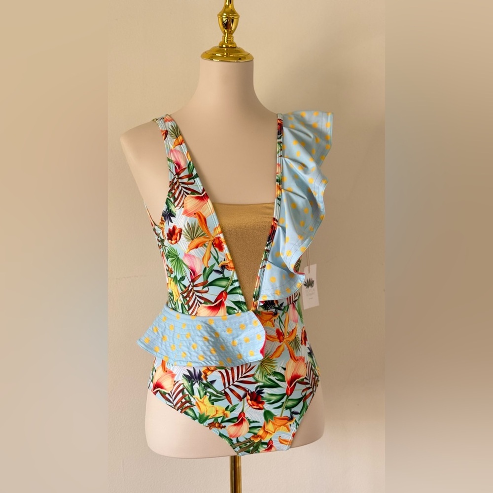 Floral One-Piece Swimsuit with Ruffle Detail Size S